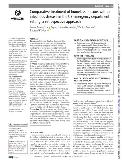 Comparative treatment of homeless persons with an infectious .
